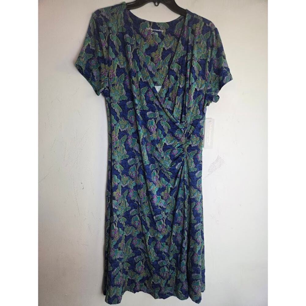 NWT Soft Surroundings "Giselle" Blue Green Floral Jersey Knit Faux Wrap Dress LP